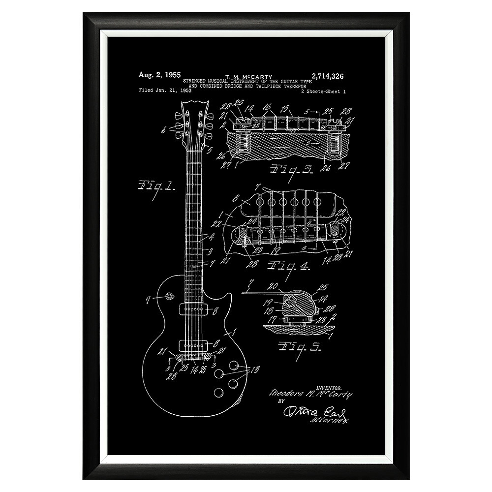 Постер черно-белый 46х66 см &quot;Патент на электрогитару Gibson, 1955&quot;