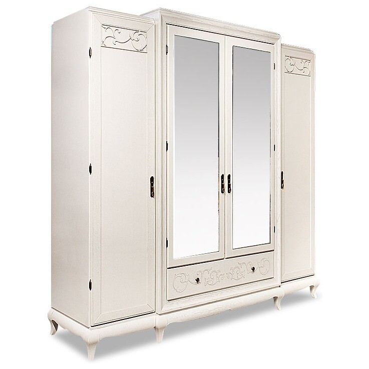 Шкаф для одежды четырехдверный с зеркалом и ящиком белая эмаль с темной патиной &quot;Соната&quot;