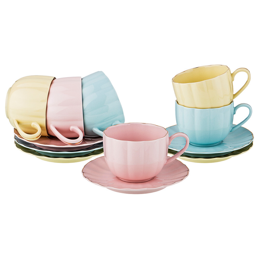 Чашки чайные фарфоровые с блюдцами на 6 персон разноцветные с золотым ободком &quot;Бокка&quot;