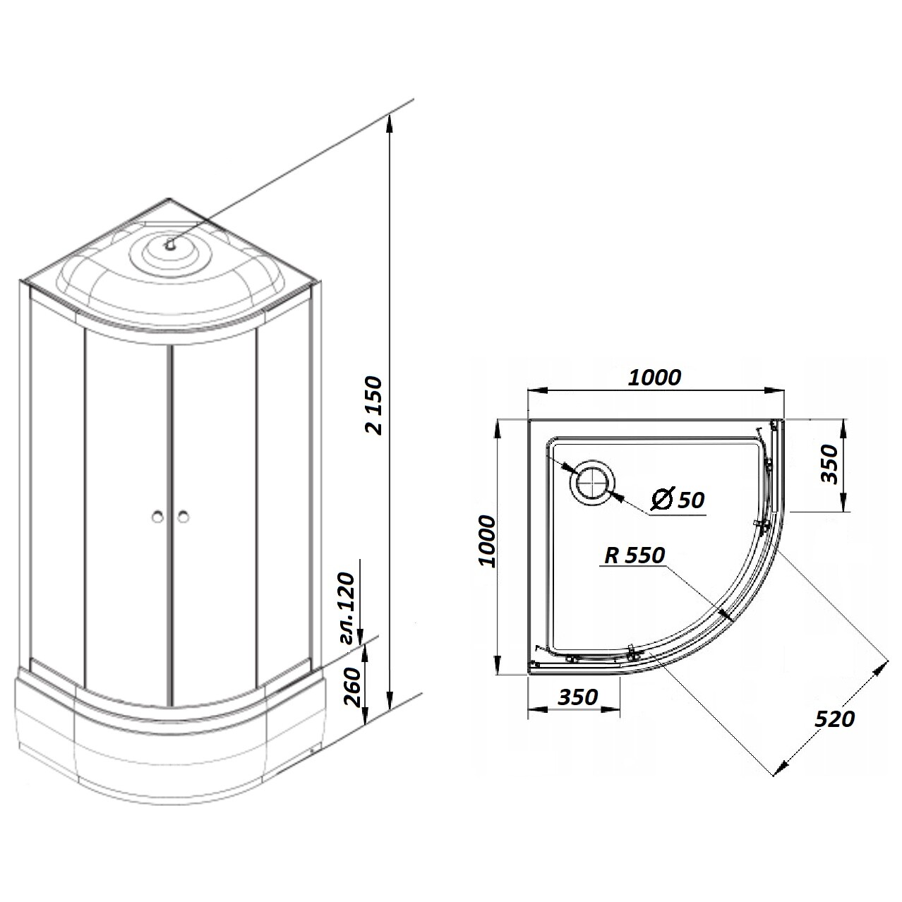 Душевая кабина четверть круга со средним поддоном 100х100 см черная, белая Parly CM101 - изображение 7