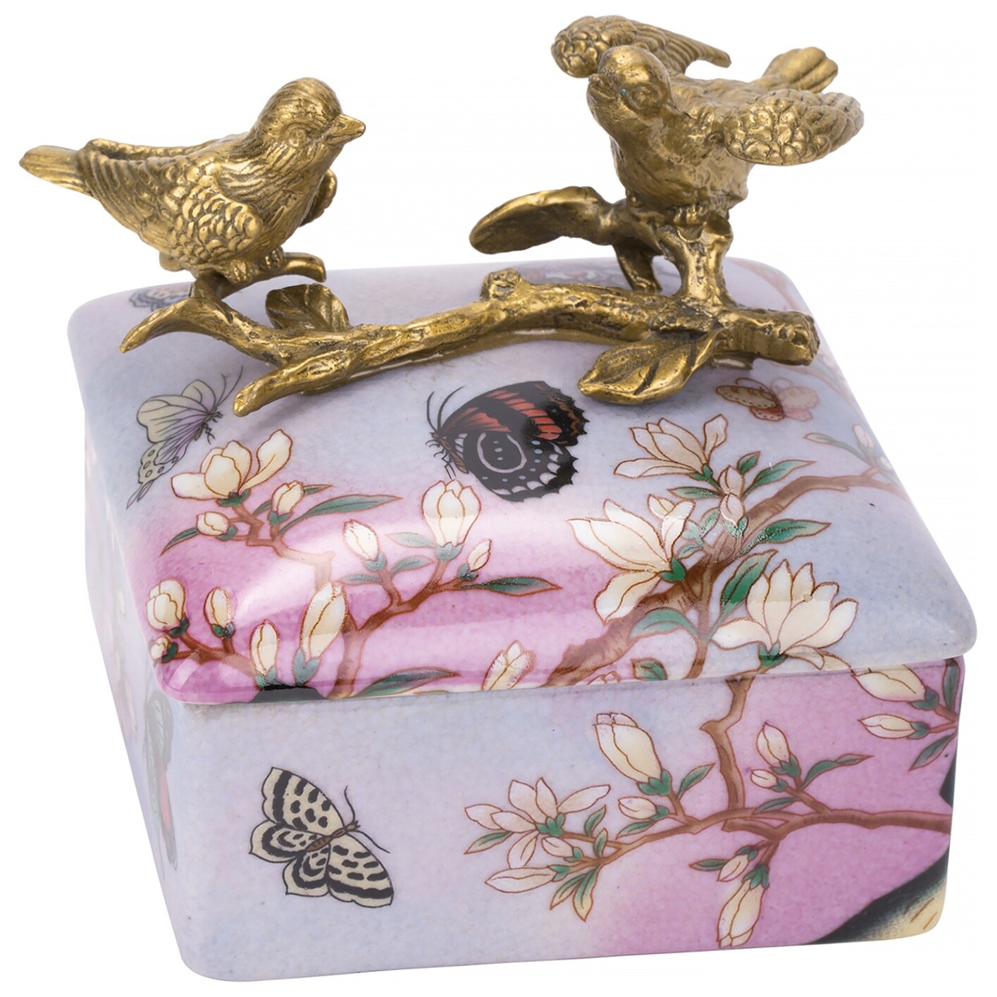 Шкатулка фарфоровая с птицами квадратная 10 см розовая, бронза 31G2591-B100C-HP1534