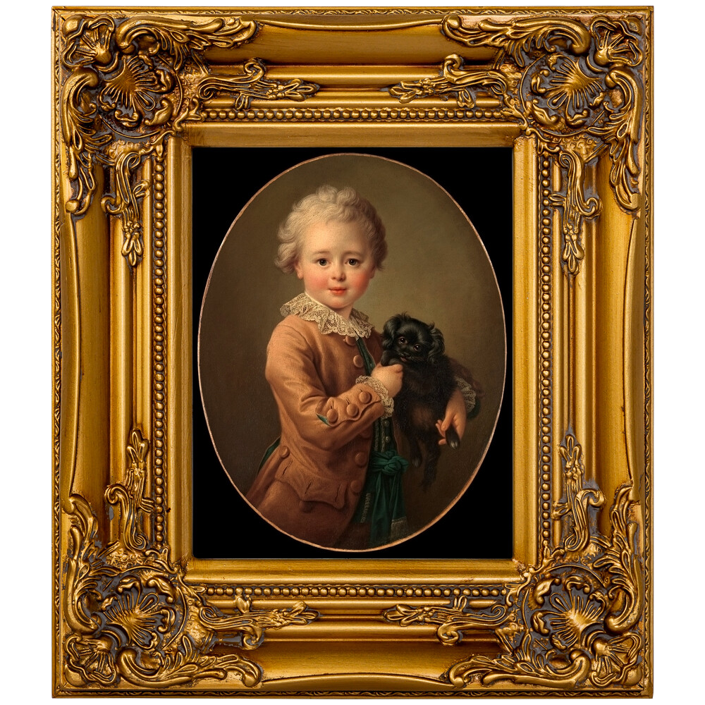 Репродукция картины с золотой раме «Мальчик с черным спаниелем»
