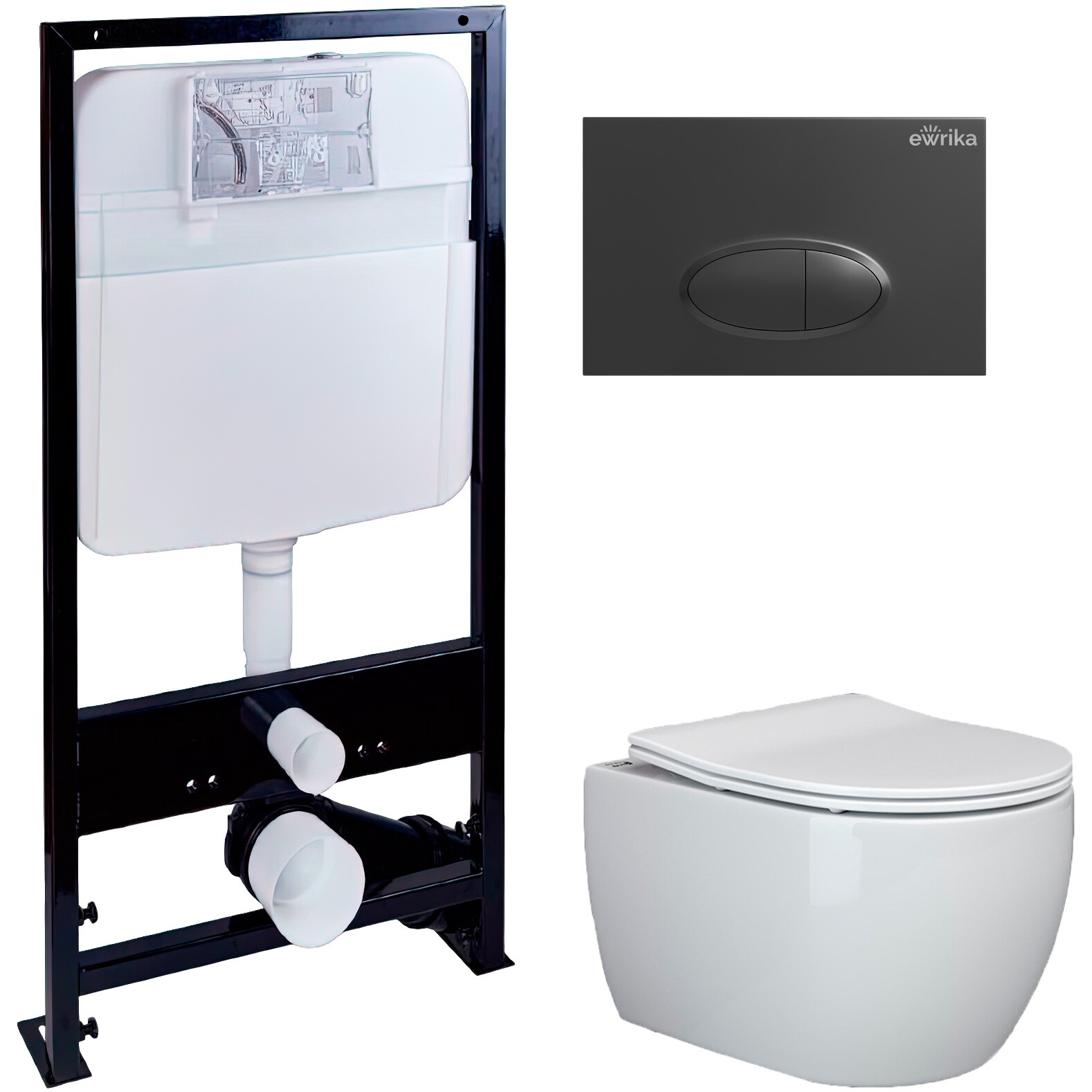 Унитаз белый Ceramicanova Play CN3001 с инсталляцией Ewrika ProLT 0026-2020 и черной кнопкой 0054