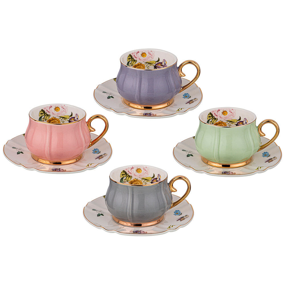 Чашки чайные фарфоровые с блюдцами 4 шт 200 мл разноцветные &quot;Времена года микс&quot;