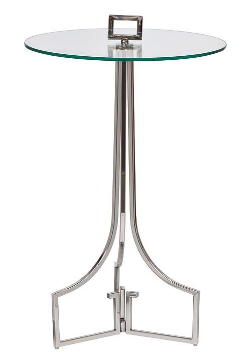 Приставной столик стеклянный круглый с ручкой и фигурным основанием хром