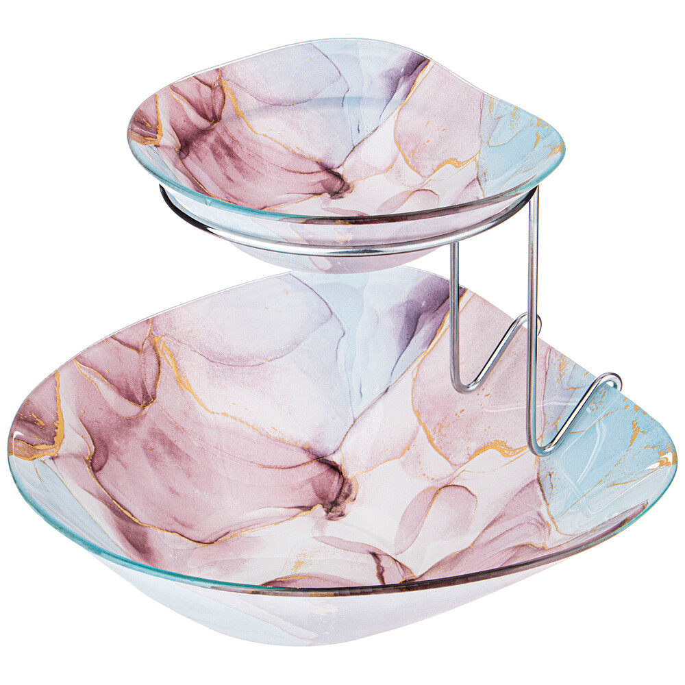 Салатник стеклянный двойной для сервировки розовый Marble