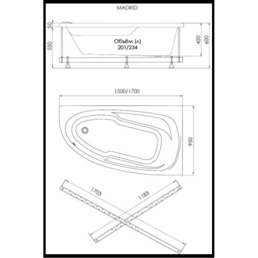 Ванна акриловая 170х95 см обрезанная левая белая 1ACReal "Мадрид" Щ0000045645 - изображение 7