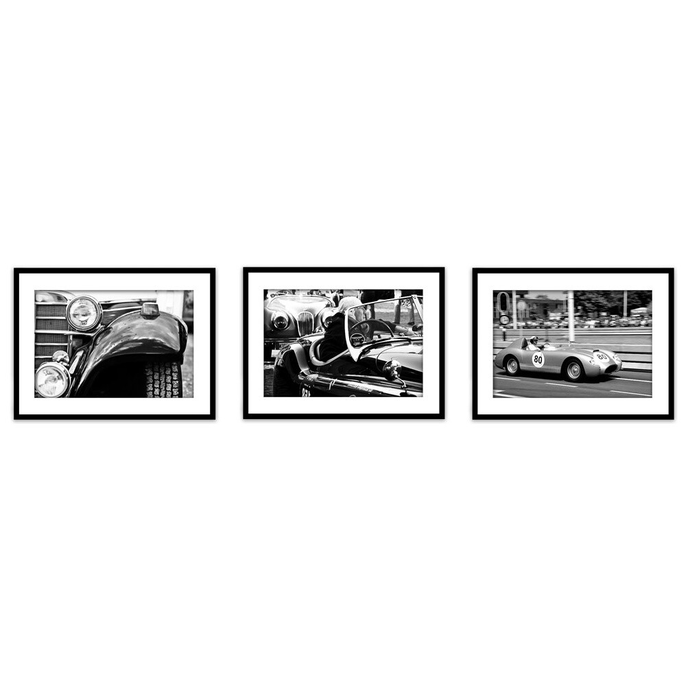 Коллаж из 3 постеров с паспарту черно-белый 30х40 см &quot;Ретро авто №6&quot;