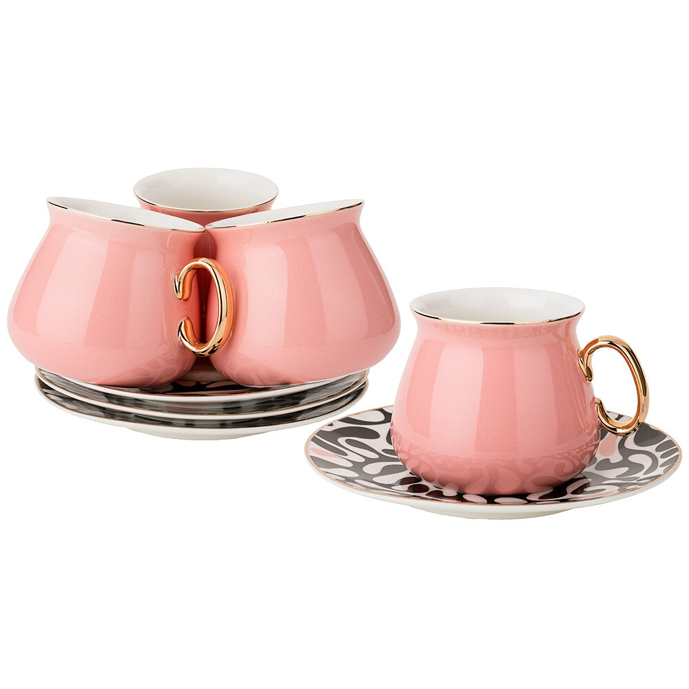 Чашки чайные фарфоровые с блюдцами на 4 персоны розовые Lefard