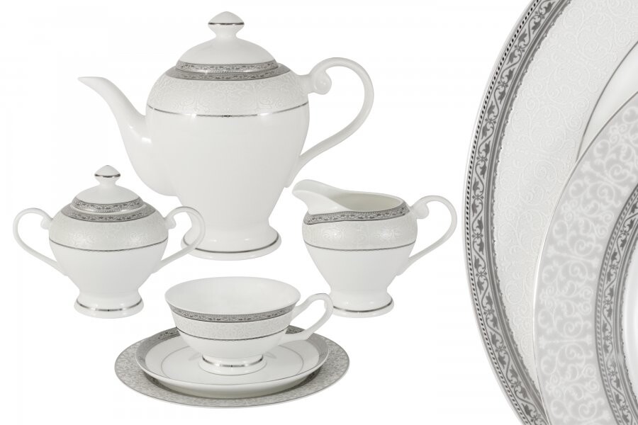 Чайный сервиз фарфоровый серебряно-белый на 6 персон, 21 предмет &quot;Бостон&quot;