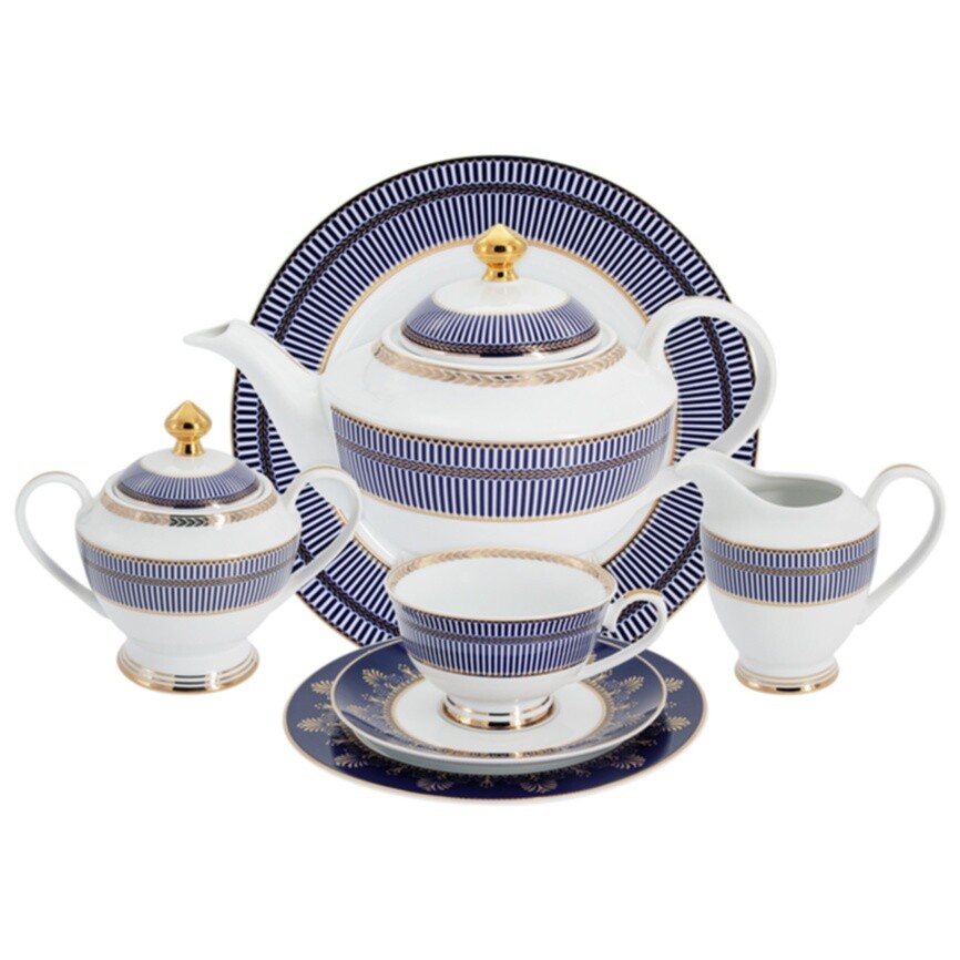 Чайный сервиз фарфоровый на 12 персон 42 предмета белый, синий &quot;Империя&quot;
