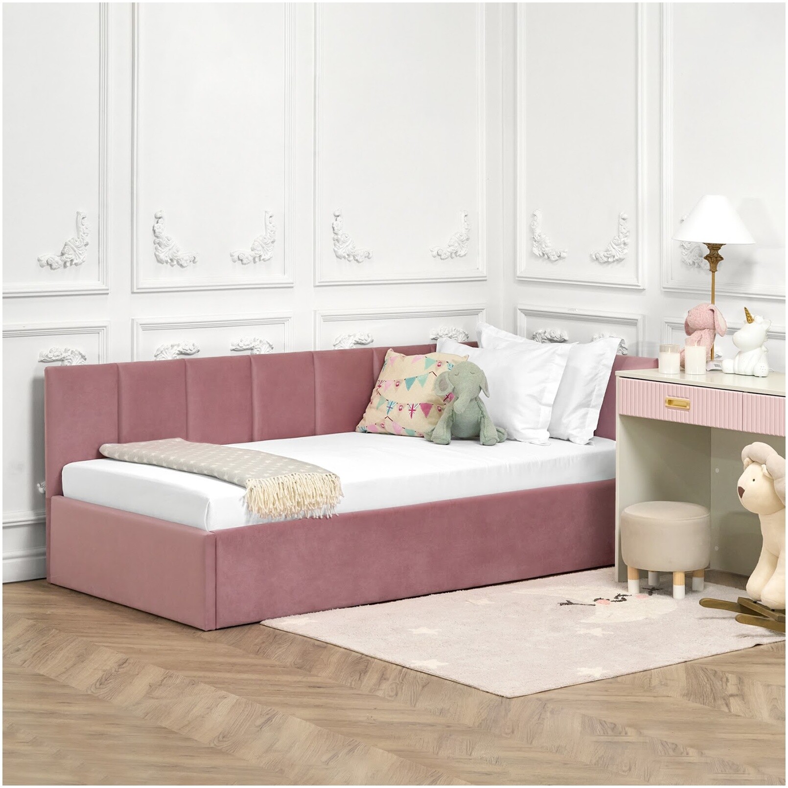 Кровать односпальная с подъемным механизмом и ящиком для белья 90х200 см пыльно-розовая Вега Мини