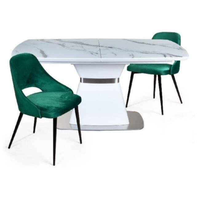 Обеденный стол раздвижной испанская керамика белая 140-180 см Madison и 4 зеленых стула William
