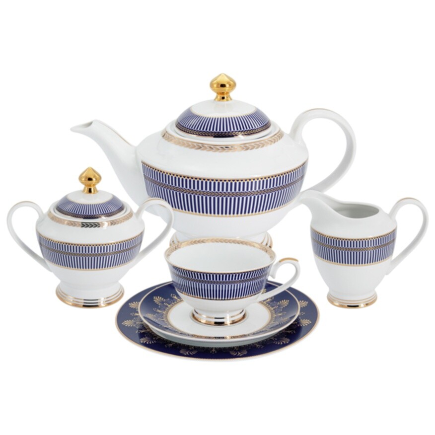 Чайный сервиз фарфоровый на 6 персон 23 предмета белый, синий &quot;Империя&quot;