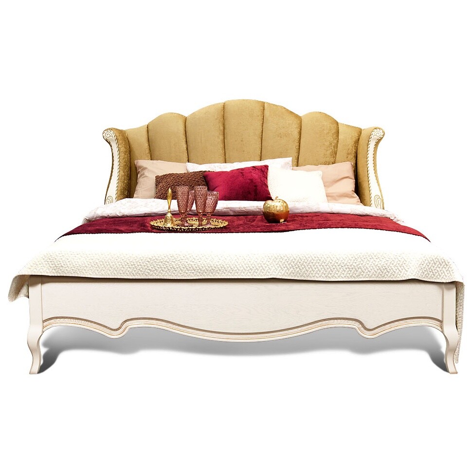 Кровать двуспальная с мягким изголовьем 180х200 см желтая, белая эмаль с золотой патиной &quot;Трио&quot;