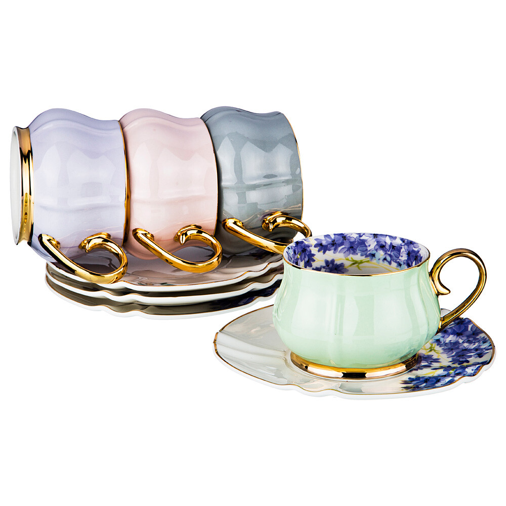 Чашки чайные фарфоровые с блюдцами на 4 персоны разноцветные &quot;Времена года&quot;