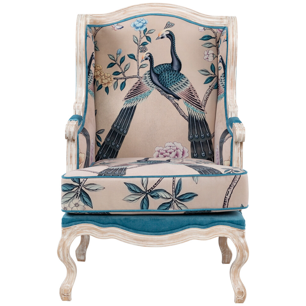 Кресло с деревянными подлокотниками бежево-синее «Императорский павлин. Капри бриз» 31012201