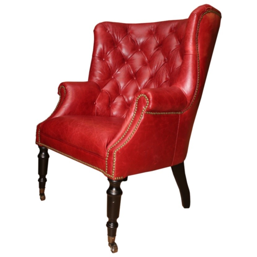 Кожаное кресло на деревянных ножках с колесиками royal rouge красное C0061-1D-52