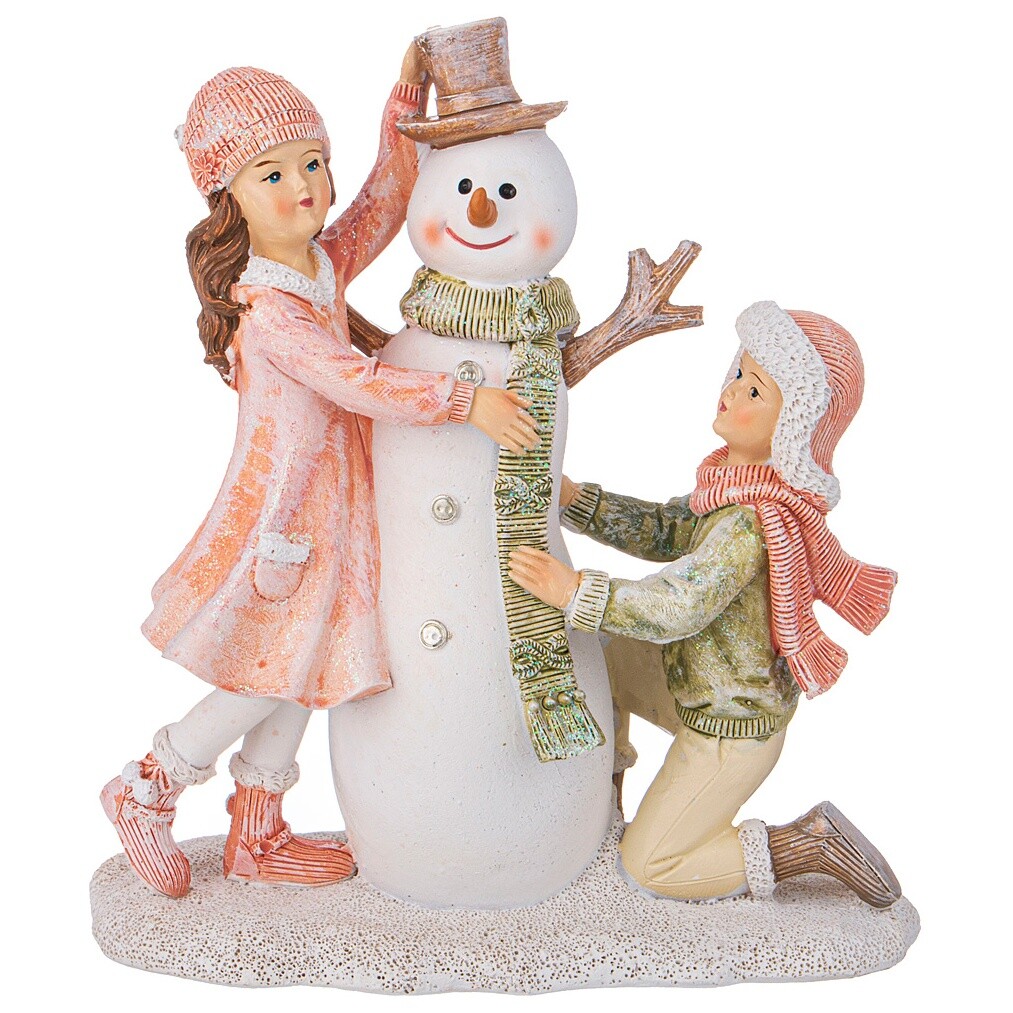 Фигурка новогодняя декоративная 16 см белая, розовая &quot;Дети со снеговиком&quot;