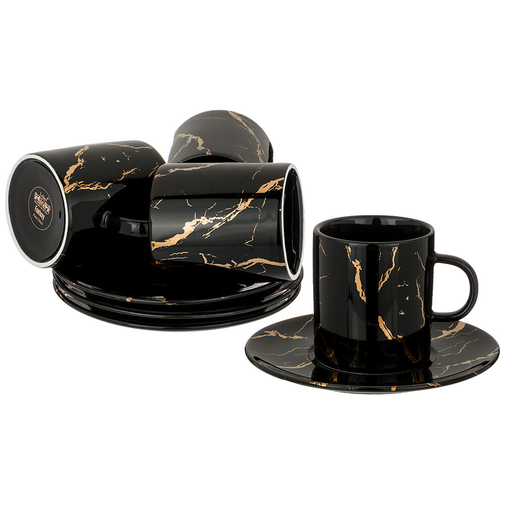 Чашки чайные фарфоровые с блюдцами на 4 персоны черные Fantasy