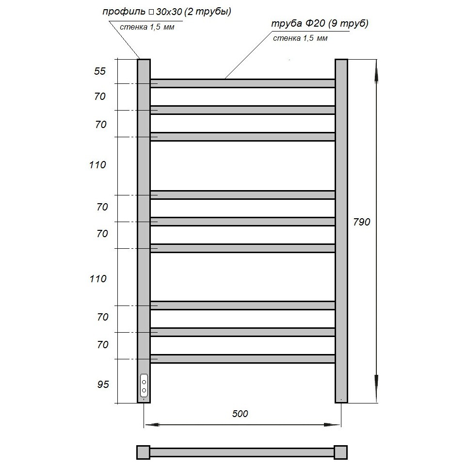 Полотенцесушитель электрический 50х80 см с диммером слева белый Point "Веста" PN70758W П9 - изображение 5