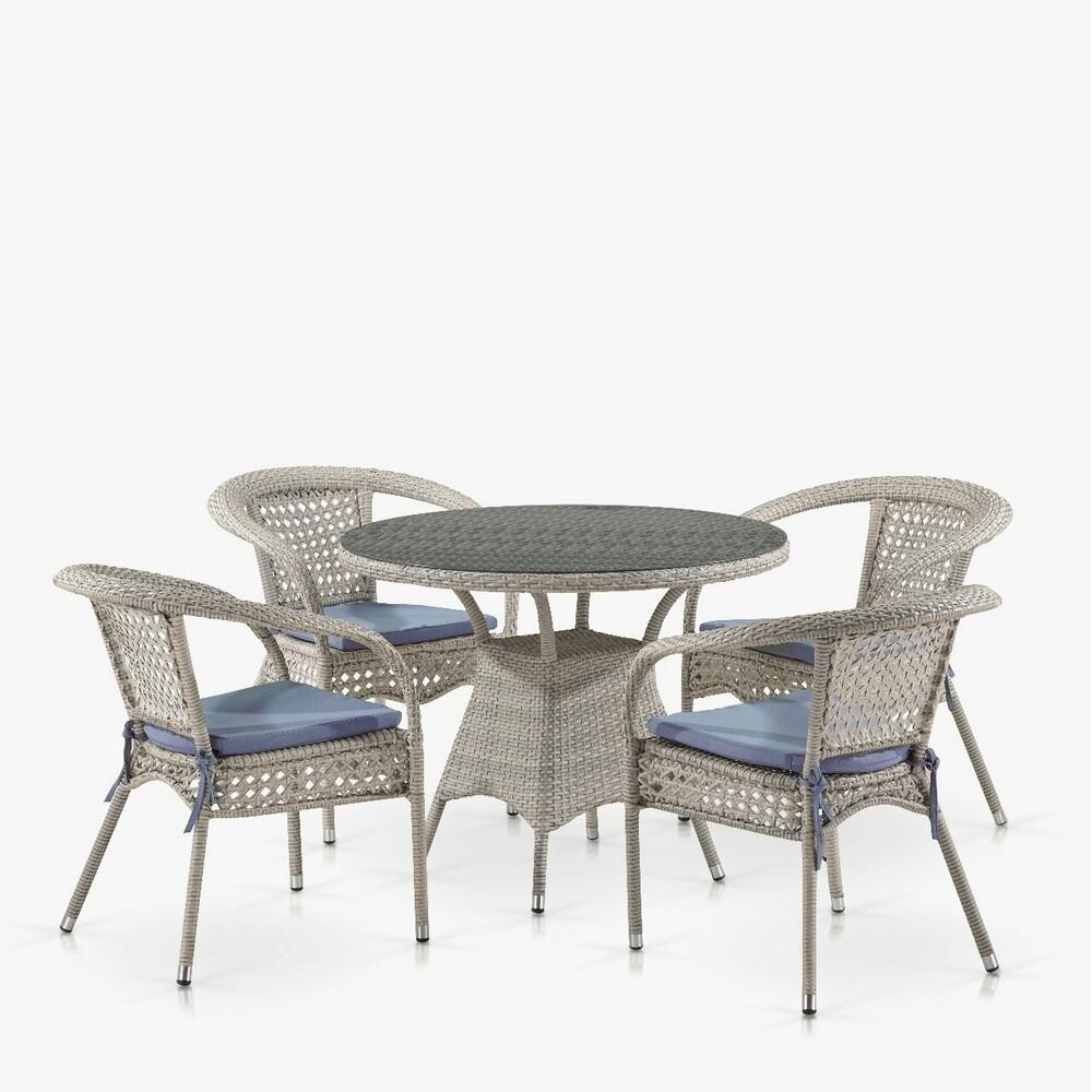 Мебель из ротанга, круглый стол и стулья белые на 4 персоны