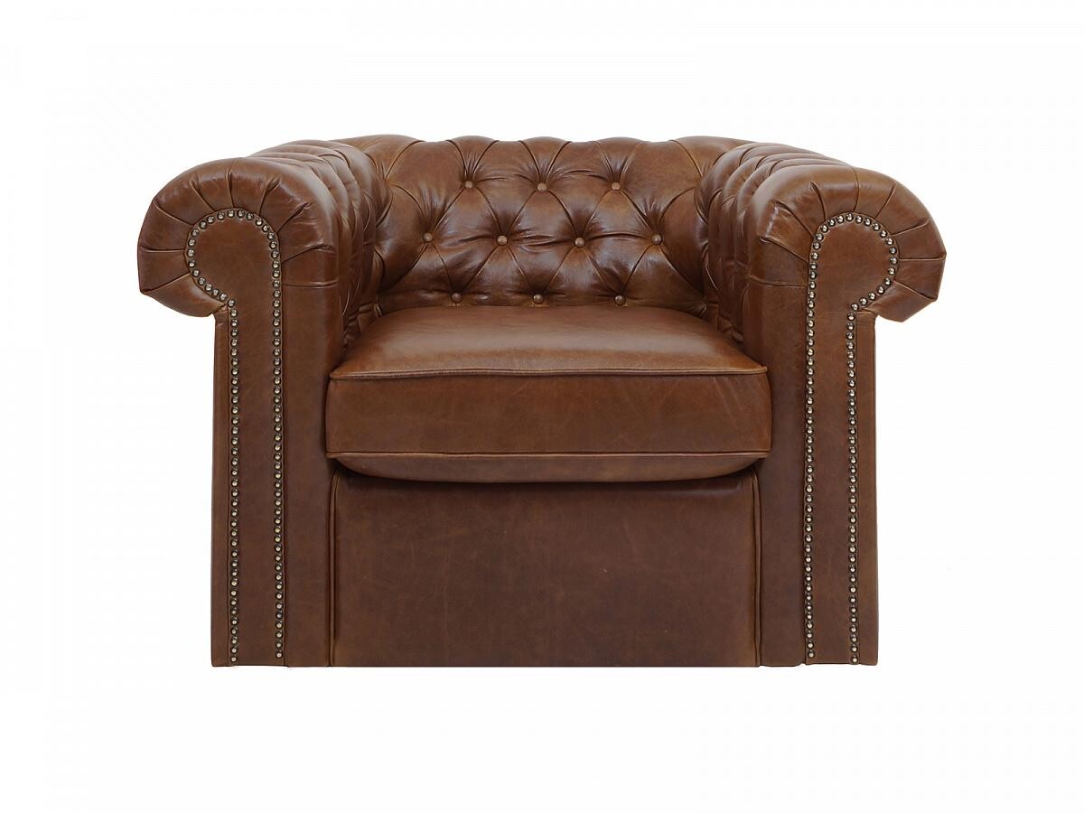 Кресло с мягкими подлокотниками коричневое из натуральной кожи Chesterfield
