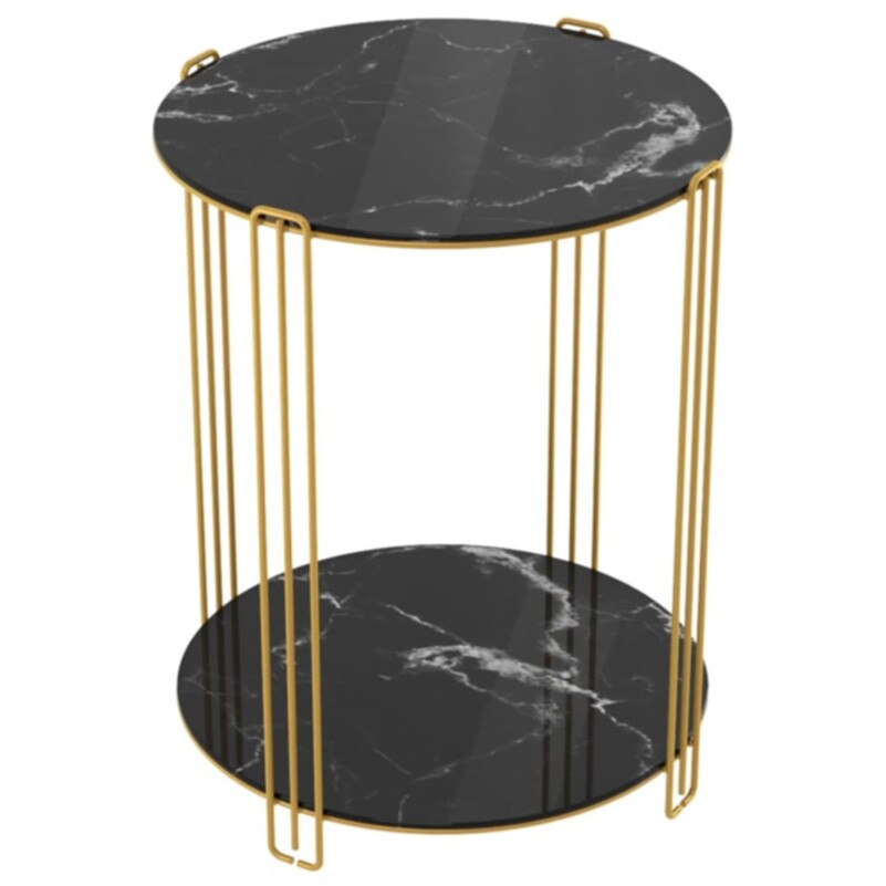 Столик кофейный круглый стеклянный черный мрамор, золото SHT-CT34