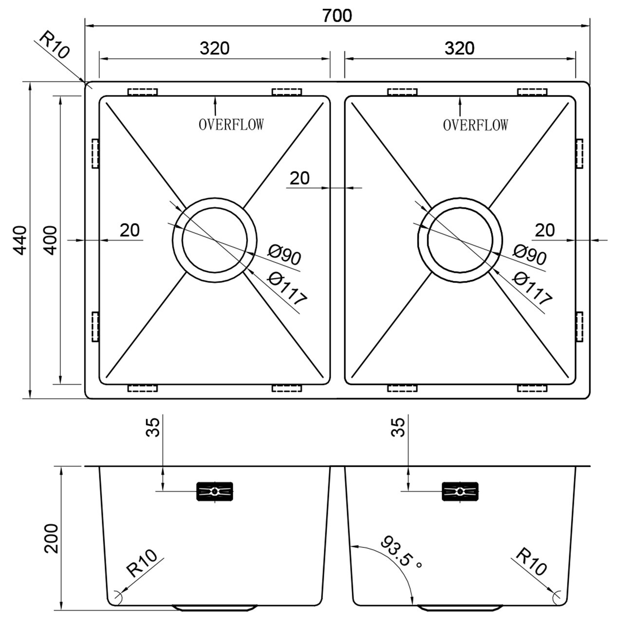 Кухонная мойка двойная из нержавеющей стали 44х70 см оружейная сталь Reflexion Garda RX2170BL - изображение 15