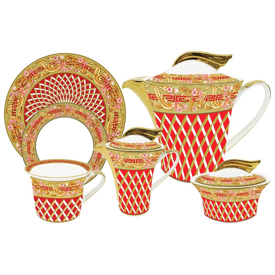 Чайный сервиз фарфоровый на 6 персон 21 предмет белый, красный, золото &quot;Аурелия&quot;