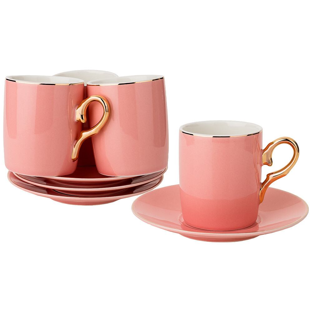 Чашки чайные фарфоровые с золотыми ручками на 4 персоны розовые Lefard