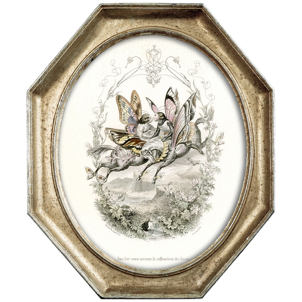 Картина на холсте бежевая «Поцелуй бабочек, парящих по воздуху на крылатых конях» в раме «Эдита»