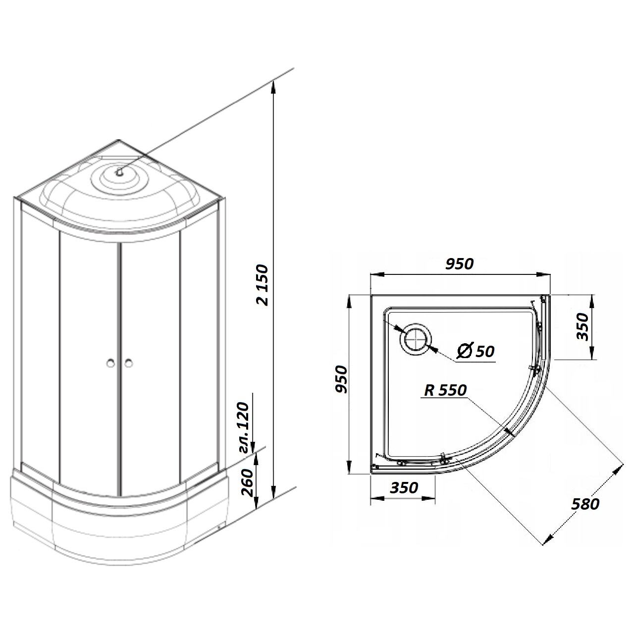 Душевая кабина четверть круга со средним поддоном 95х95 см белая Parly BMM95 - изображение 7