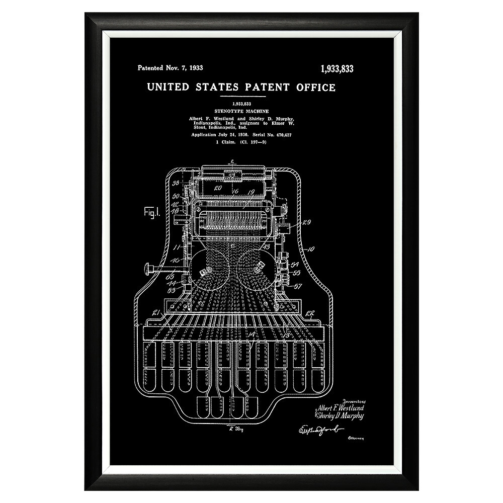Постер черно-белый 46х66 см &quot;Патент на стенографическую машину, 1933&quot;