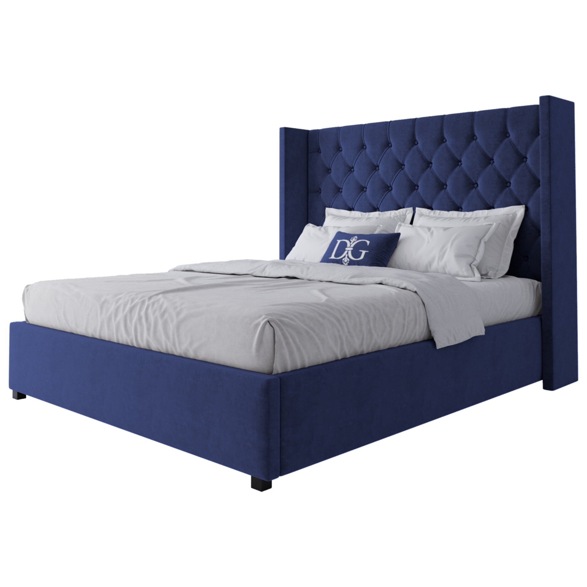 Кровать двуспальная 160х200 см синяя из велюра с каретной стяжкой без гвоздиков Wing-2