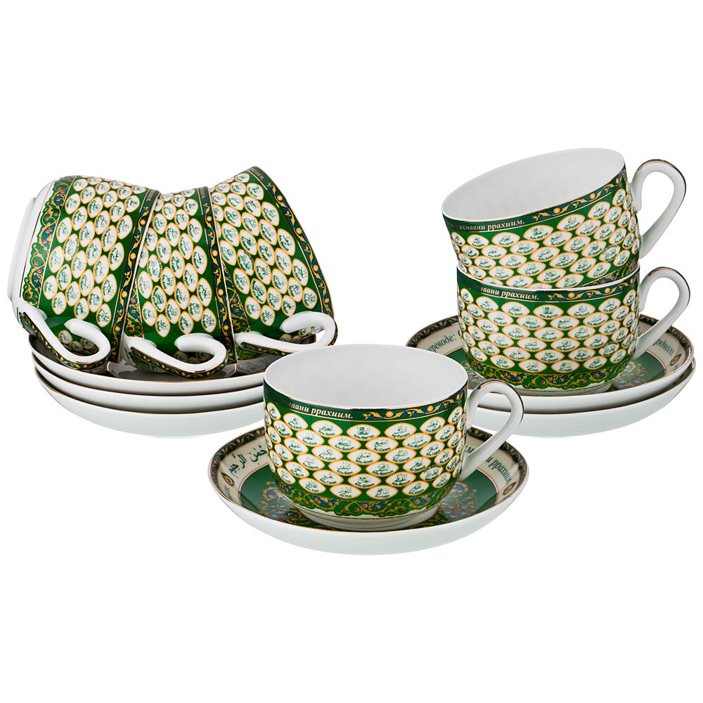 Чашки чайные фарфоровые в подарочной упаковке на 6 персон темно-зеленые &quot;99 имен аллаха&quot;