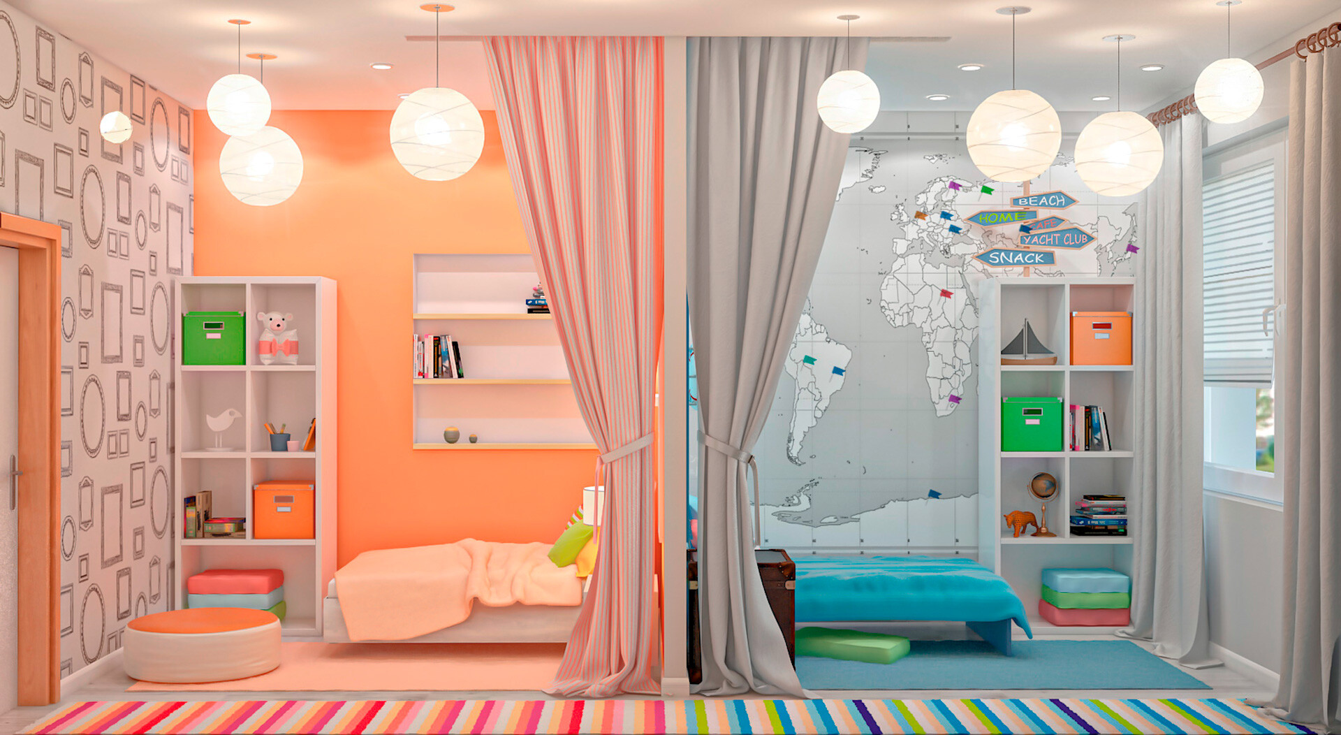 Интерьер детской комнаты для двоих разнополых малышей