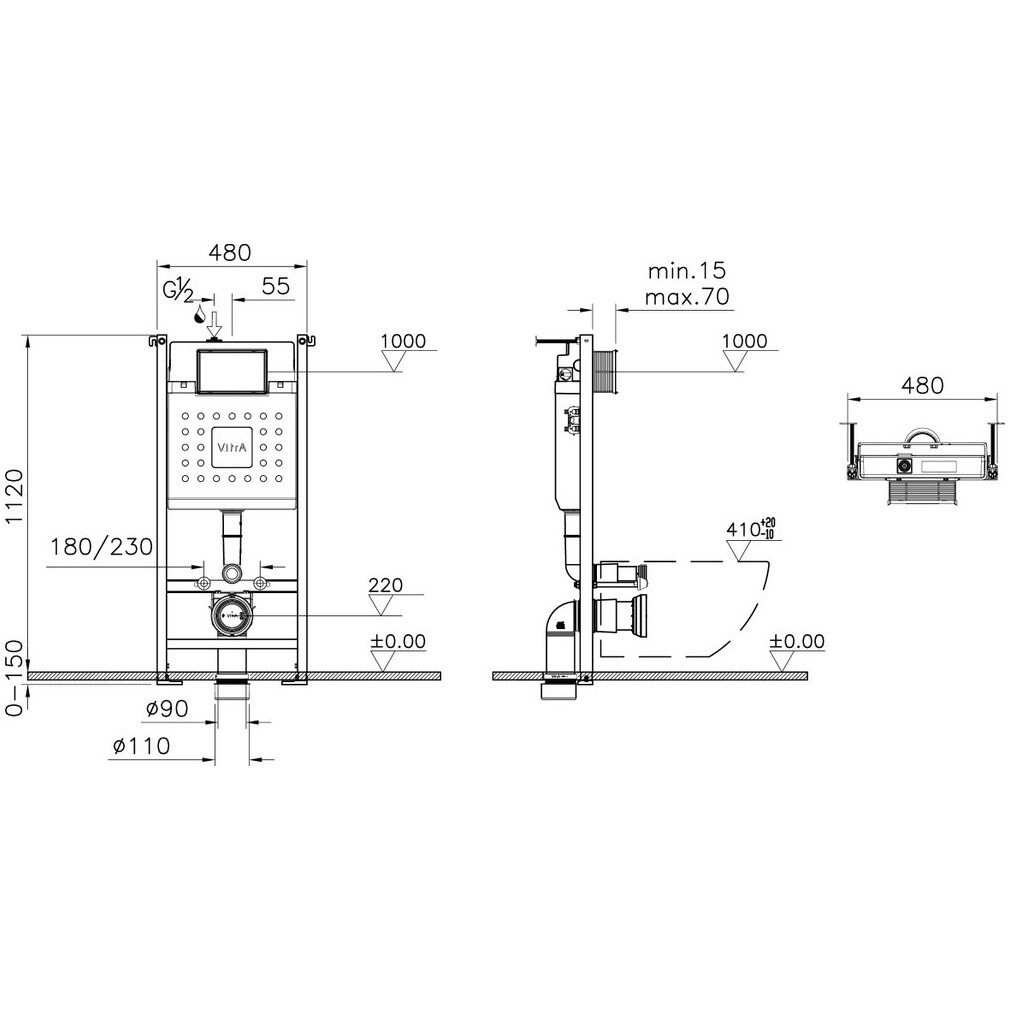 Унитаз подвесной с инсталляцией и кнопкой смыва хром Vitra Zentrum Square 9875B003-7201 - изображение 4