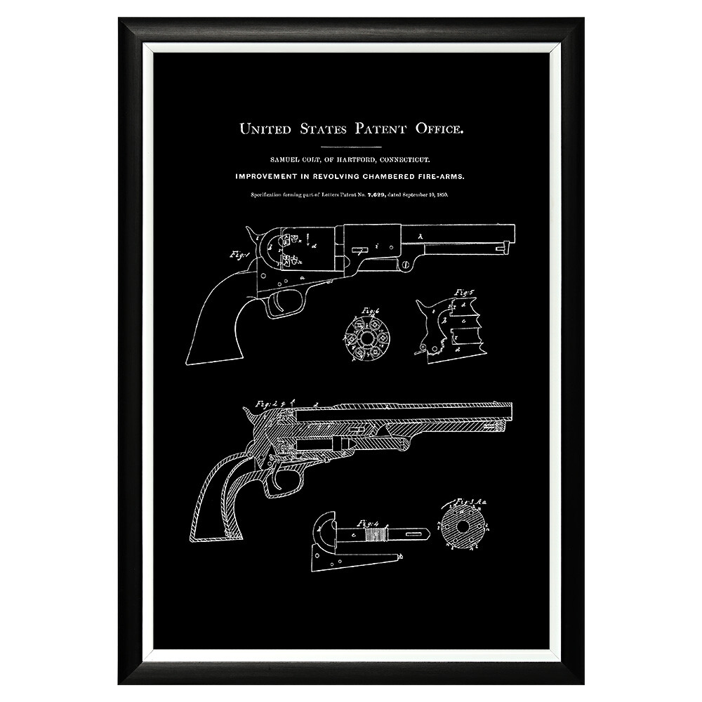Постер черно-белый 46х66 см &quot;Патент Сэмюэла Кольта на револьвер&quot;