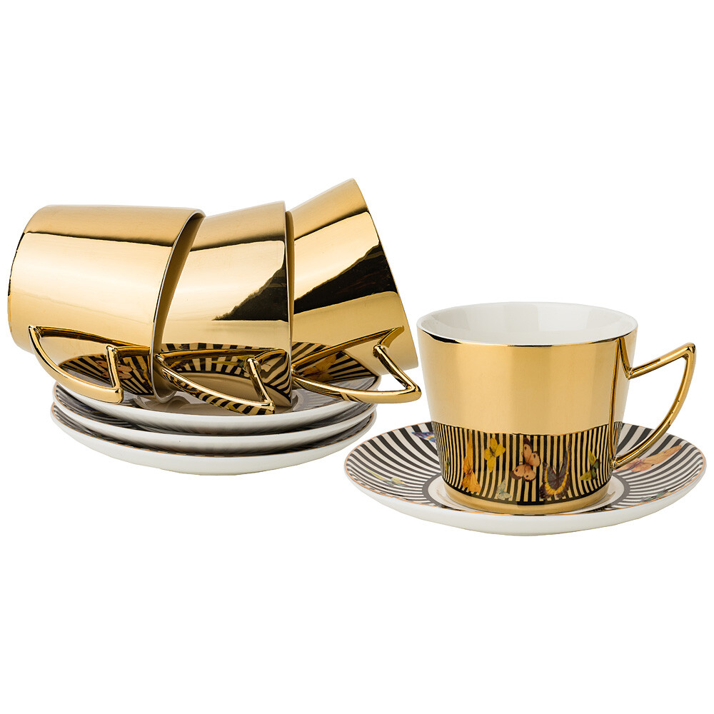 Чашки чайные фарфоровые с блюдцами на 4 персоны золотые Butterfly