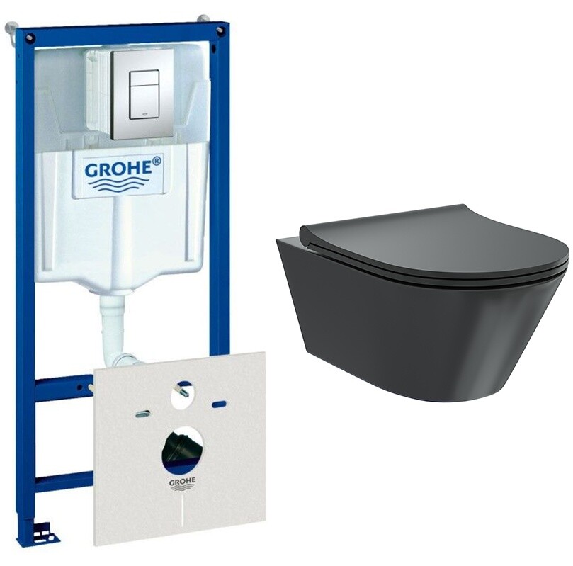 Унитаз подвесной черный Creto Logan L3 1003-002-L3BlMat с инсталляцией Grohe Rapid SL 38775001