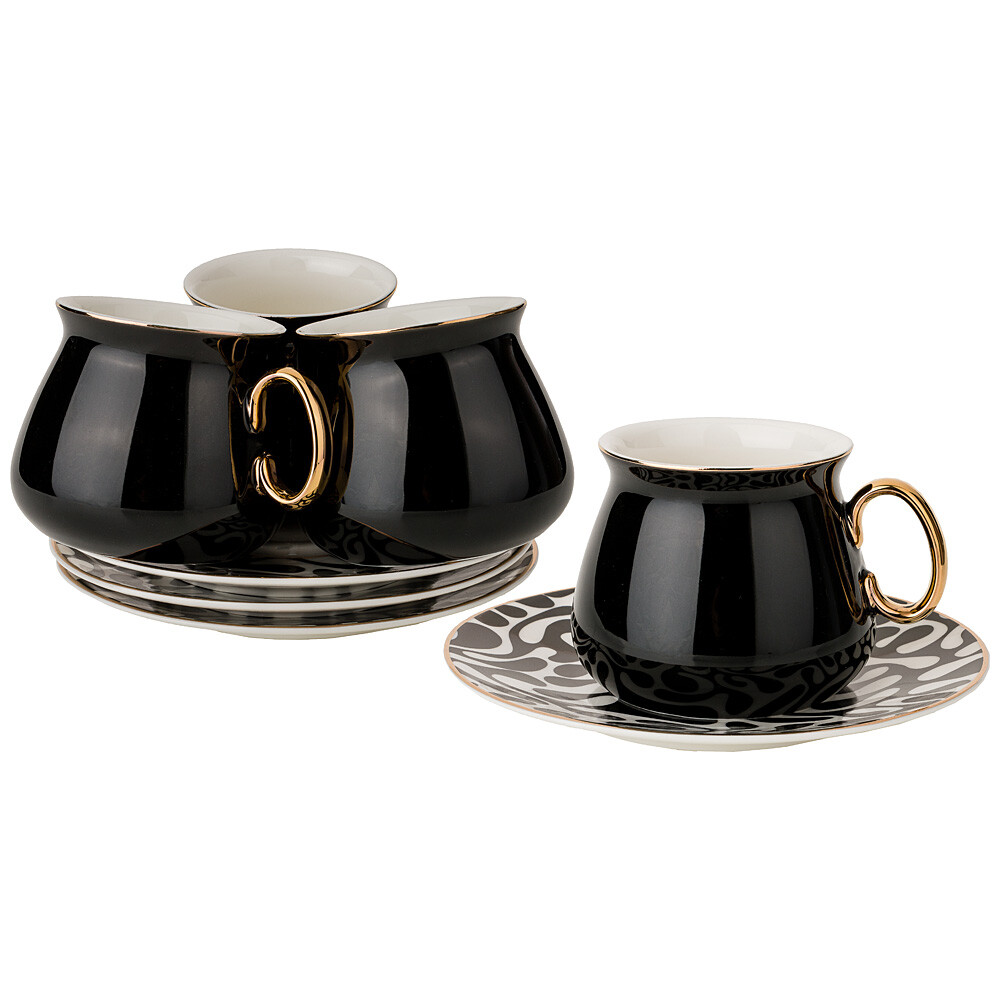 Чашки чайные фарфоровые с золотыми ручками на 4 персоны черные Lefard