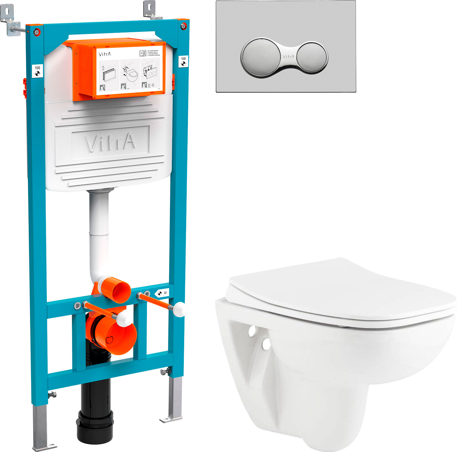 Унитаз белый Seramiksan Petite A101002H с инсталляцией VitrA 800-2010 и кнопкой хром