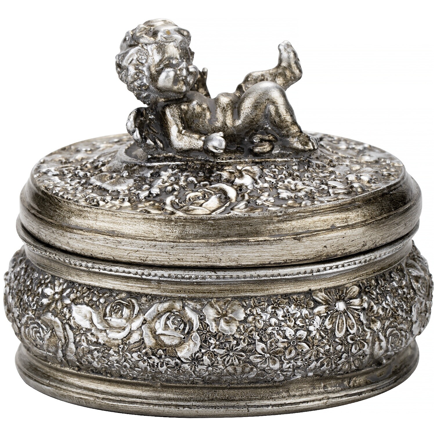 Шкатулка декоративная с ангелом из полирезина 10х13 см серебристая GLA-45-082