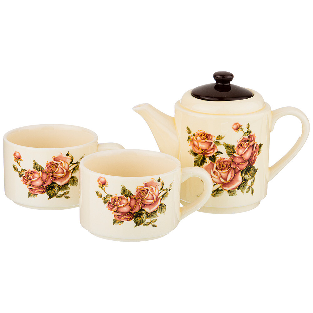 Чайный набор на 2 персоны белый с чайником &quot;Корейская роза&quot;