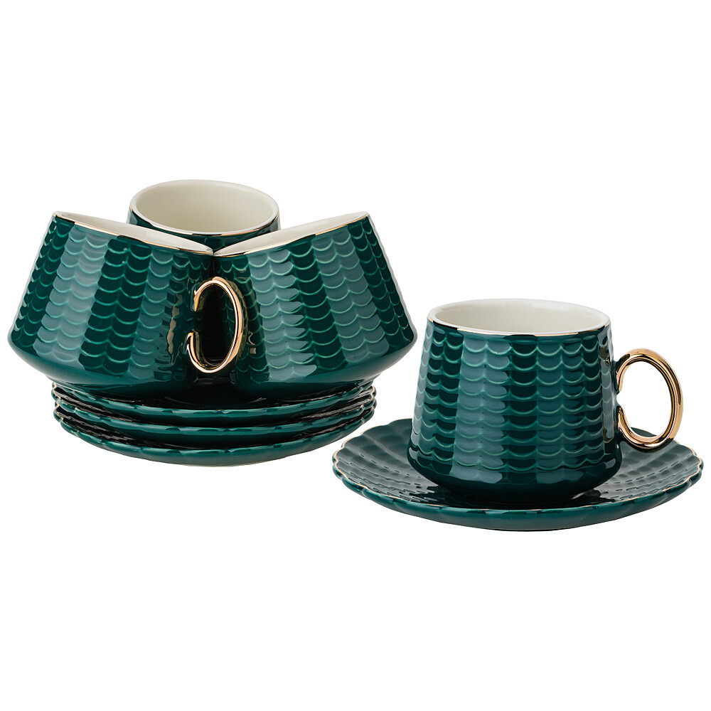 Чашки чайные фарфоровые с блюдцами на 4 персоны темно-зеленые Lefard