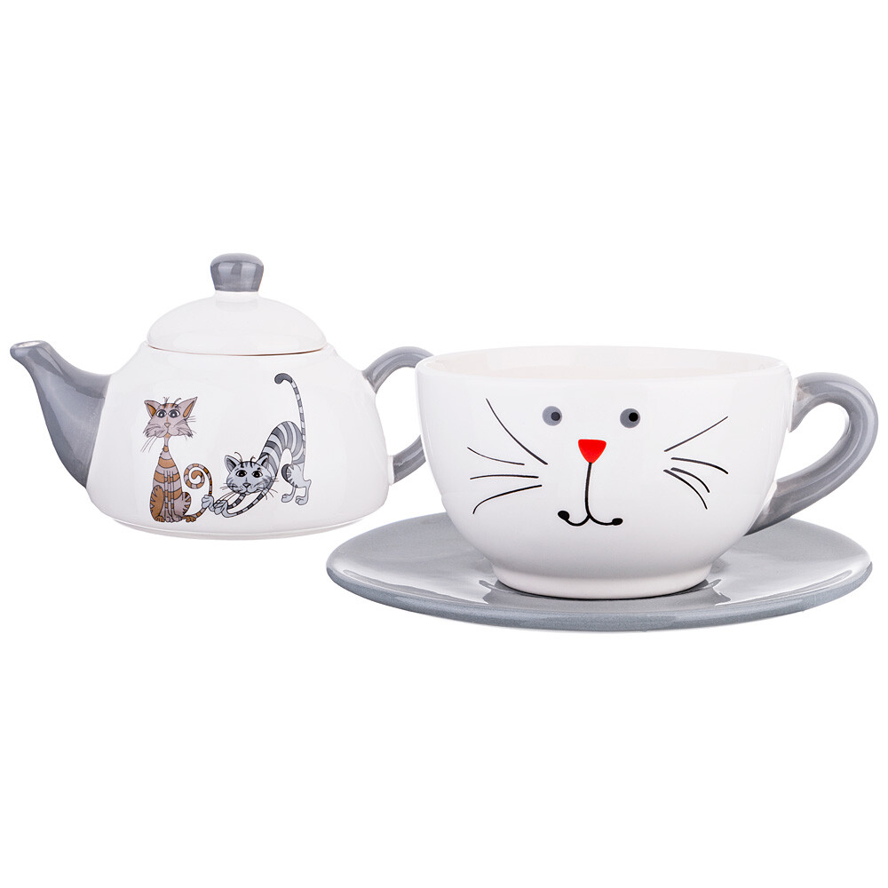 Чайная пара с чайником белая &quot;Озорные коты&quot;