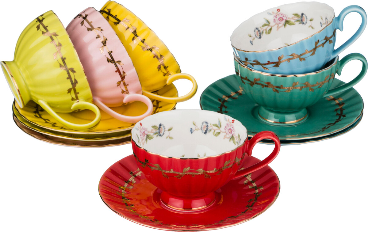 Чашки чайные фарфоровые с разноцветными блюдцами на 6 персон Lefard