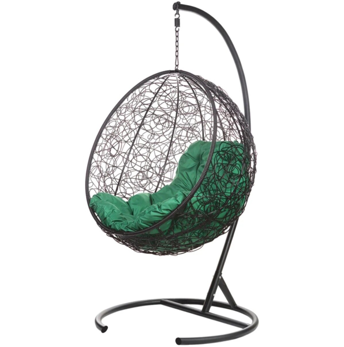 Кресло-кокон подвесное плетеное с зеленой подушкой на металлической стойке черное Kokos G