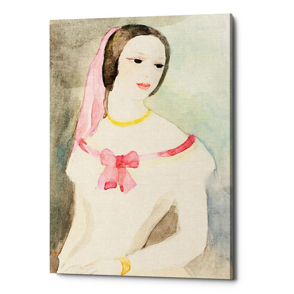Картина на холсте 50х75 см разноцветная &quot;Девушка в белом платье с розовой лентой&quot;